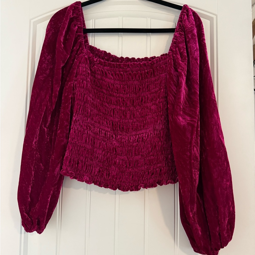 Anthropologie Velvet Smocked Blouse - Deep Pink